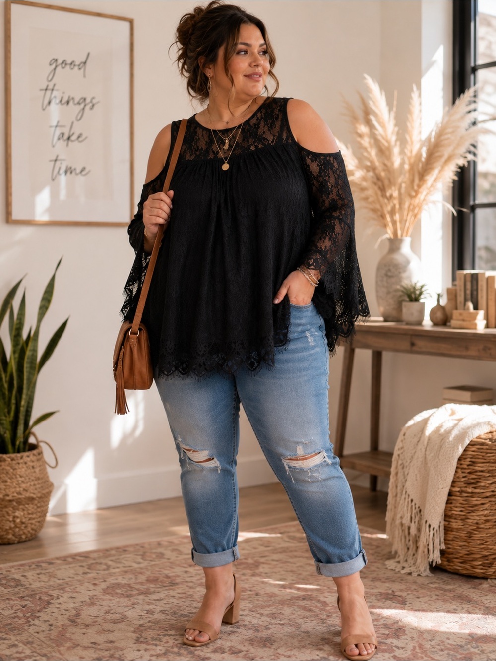 RAIN Black Lace Cold Shoulder Top Bell Sleeve Eyelash Trim Plus Size 2X